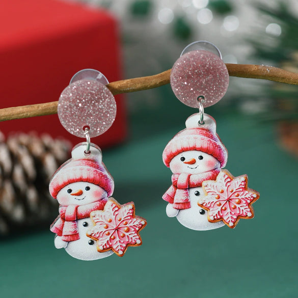 Acrylic Doublesided Earrings With Christmas Creative Santa Claus Snowman Kitten Snowflake And Flower Printing
