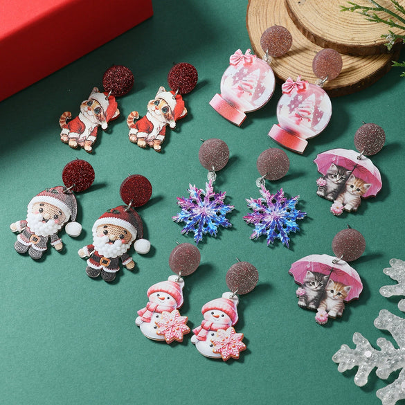 Acrylic Doublesided Earrings With Christmas Creative Santa Claus Snowman Kitten Snowflake And Flower Printing