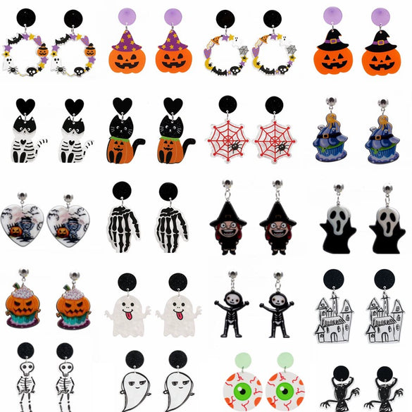 Acrylic Elegant Halloween Spider Ghost Pumpkin Cat Castle Earrings For Women