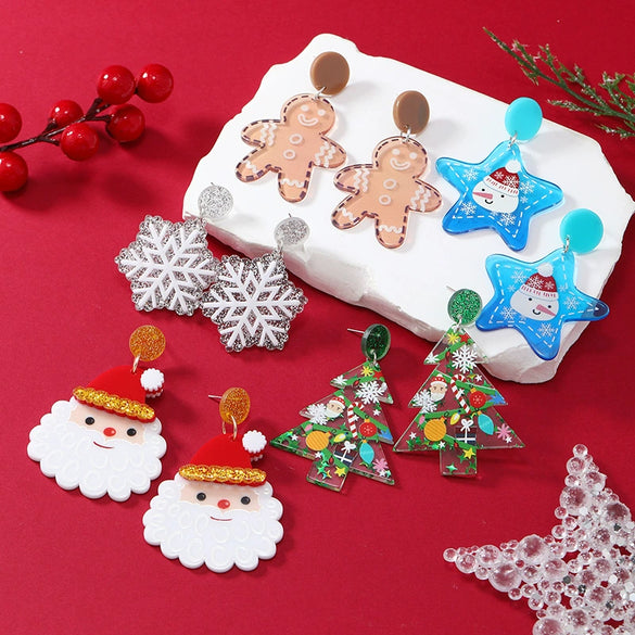 Acrylic Geometric Christmas Earrings With Printing Fashion Creative Cute Jewelry For Women