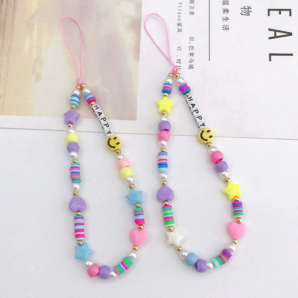 Acrylic Handmade Mobile Phone Chain With Happy Letter And Plant Flowers Style