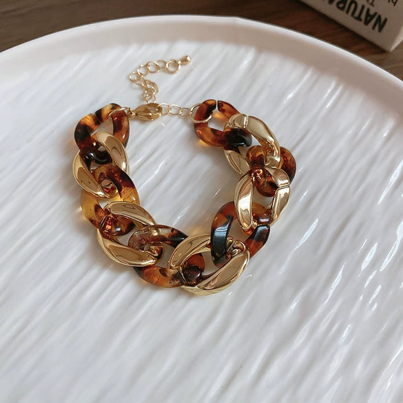 Acrylic Leopard Print Geometric Ringlinked Earrings Necklace Bracelet Set With Electroplating For Women