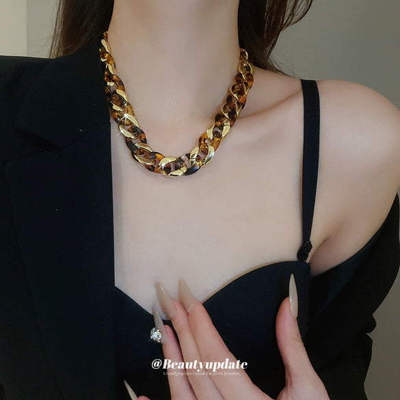 Acrylic Leopard Print Geometric Ringlinked Earrings Necklace Bracelet Set With Electroplating For Women