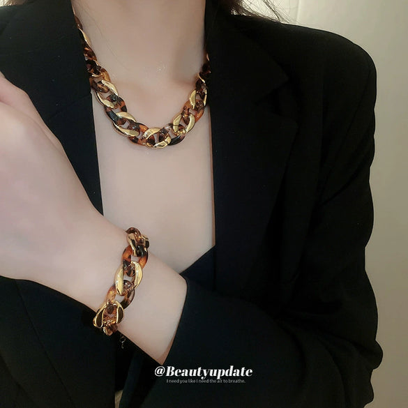 Acrylic Leopard Print Geometric Ringlinked Earrings Necklace Bracelet Set With Electroplating For Women