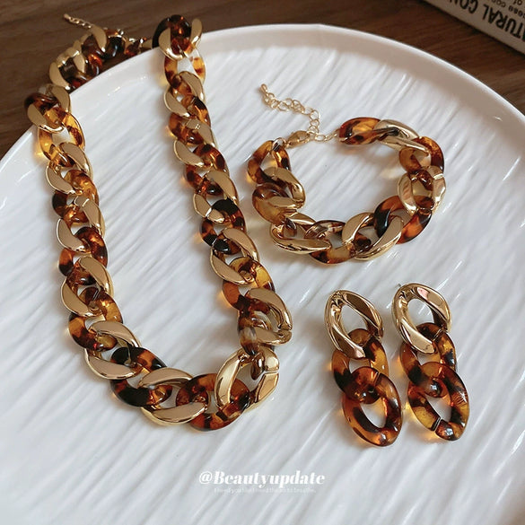 Acrylic Leopard Print Geometric Ringlinked Earrings Necklace Bracelet Set With Electroplating For Women