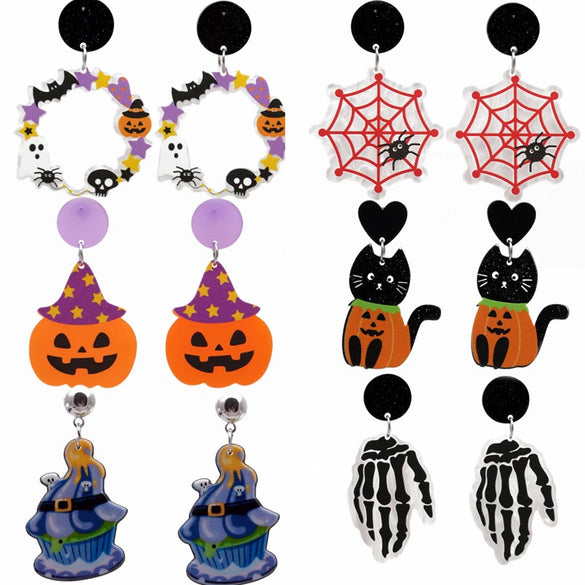 Acrylic Spider Palm Cat Pumpkin Cartoon Earrings For Women Halloween Accessories