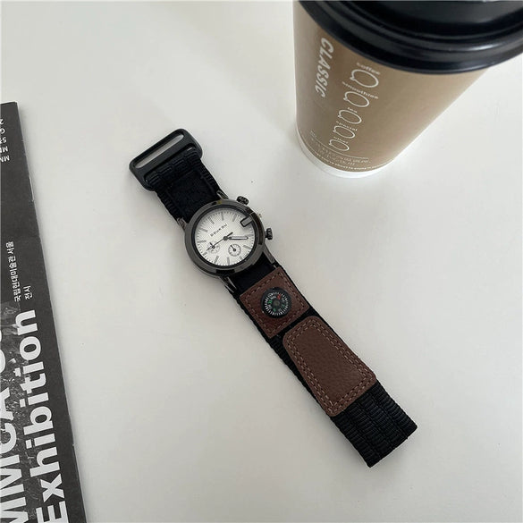 Adhesive Canvas Band Quartz Watch Alloy Case Ordinary Glass Mirror Leisure Style For Men And Middle School Students