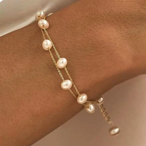 Adjustable Double Layer Imitation Pearl Bracelet For Women Fashion Retro Multi Layer Electroplated Jewelry