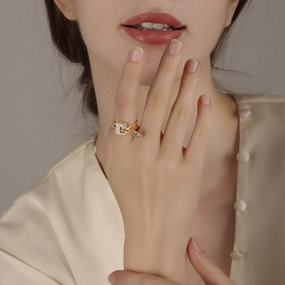 Adjustable Electroplated Copper Buckle Ring With Chain Detail Fashion Statement Ring Gift