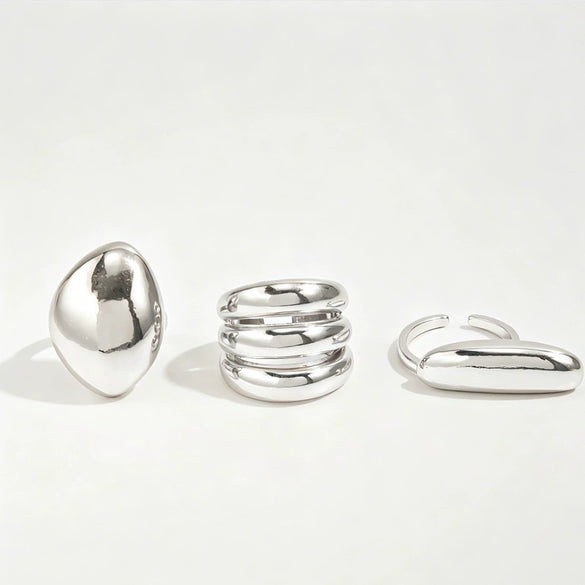 Adjustable Geometric Alloy Ring Set With Smooth Plain Bands And Polished Electroplated Finish For Women