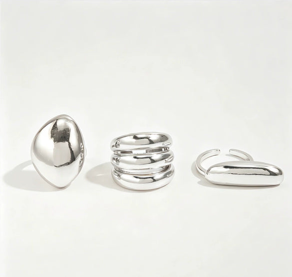 Adjustable Geometric Alloy Ring Set With Smooth Plain Bands And Polished Electroplated Finish For Women