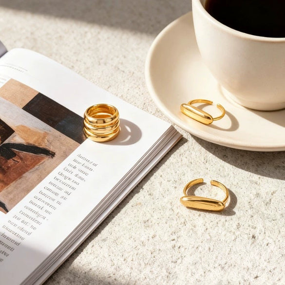 Adjustable Geometric Alloy Ring Set With Smooth Plain Bands And Polished Electroplated Finish For Women