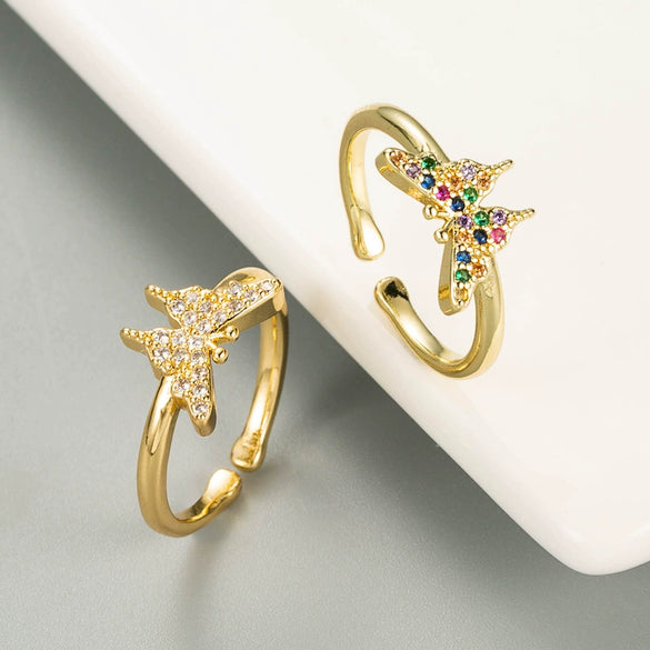 Adjustable Open Copper Butterfly Ring With Colorful Micro Inlaid Zircon Stones Cute Fashion Jewelry For Women And Unisex Wear