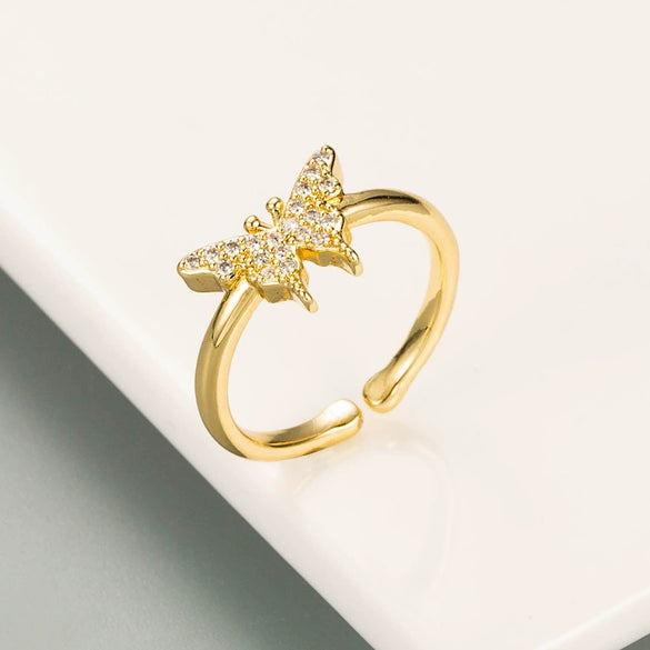 Adjustable Open Copper Butterfly Ring With Colorful Micro Inlaid Zircon Stones Cute Fashion Jewelry For Women And Unisex Wear