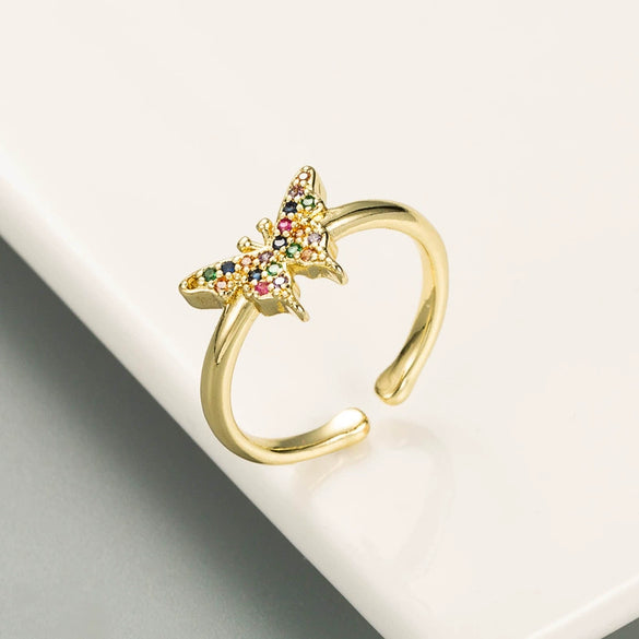 Adjustable Open Copper Butterfly Ring With Colorful Micro Inlaid Zircon Stones Cute Fashion Jewelry For Women And Unisex Wear