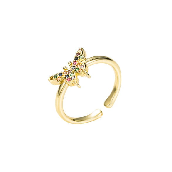 Adjustable Open Copper Butterfly Ring With Colorful Micro Inlaid Zircon Stones Cute Fashion Jewelry For Women And Unisex Wear