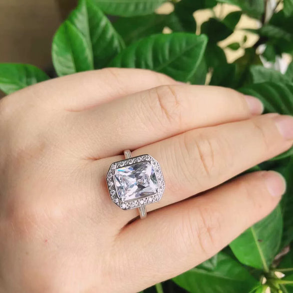Adjustable Open Rectangular Zircon Crystal Ring With Platinum Plated Copper Geometric Inlaid Design For Unisex