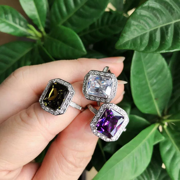 Adjustable Open Rectangular Zircon Crystal Ring With Platinum Plated Copper Geometric Inlaid Design For Unisex