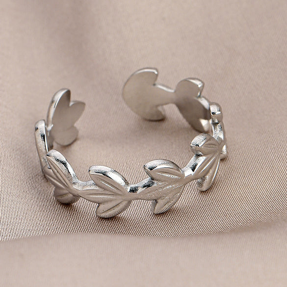 Adjustable Open Ring For Women In Simple Feather Leaf Design Made Of Titanium Steel With Electroplating