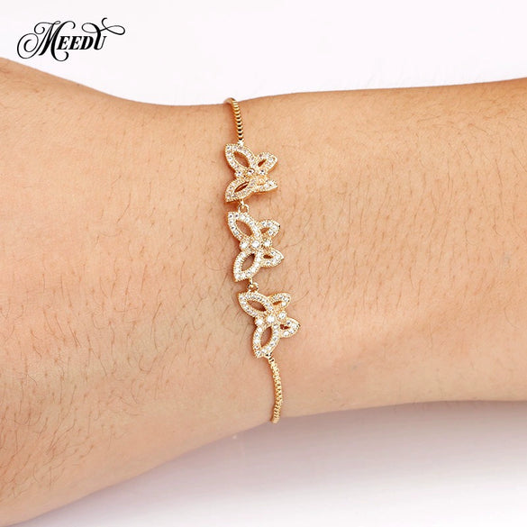 Adjustable Pull Zircon Copper Butterfly Shape Bracelet With Real Gold Plating And Micro Inlay For Women