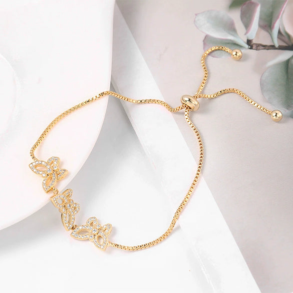 Adjustable Pull Zircon Copper Butterfly Shape Bracelet With Real Gold Plating And Micro Inlay For Women