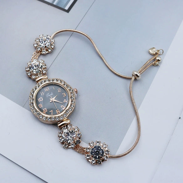 Adjustable Pullout Bracelet Quartz Watch For Women Alloy Material Flower Shape Dial Fashionable Style