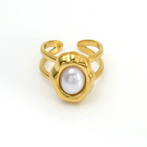 Adjustable Stainless Steel Open Ring With Natural Pearl And Tiger Eye Stone Irregular Oval Geometric Fashion Jewelry