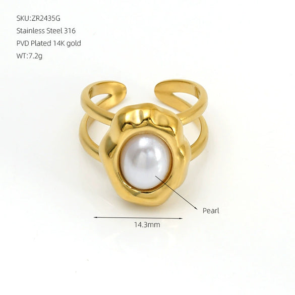 Adjustable Stainless Steel Open Ring With Natural Pearl And Tiger Eye Stone Irregular Oval Geometric Fashion Jewelry