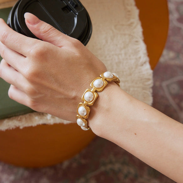 Adjustable Stainless Steel Pearl Open Cuff Bracelet With Electroplated Finish Minimalist Colorfast Jewelry
