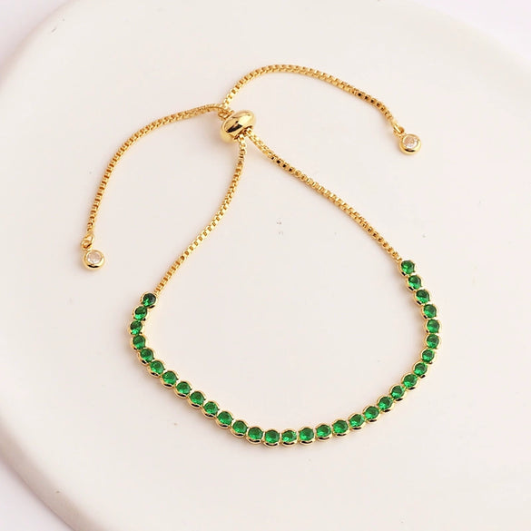 Adjustable Women's Jewelry Pull Bracelet With Green Zircon And Real Gold Plated Cross