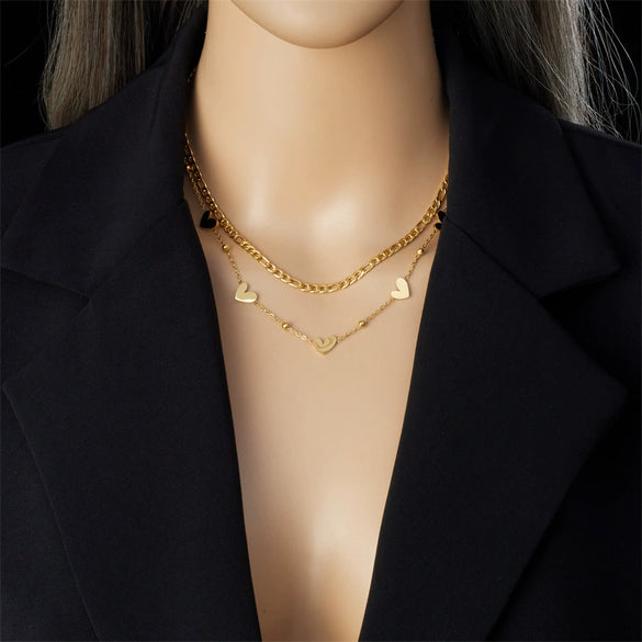 All Match Double Layer Stacked Love Necklace In Stainless Steel With Heart Shaped Pattern And Gold Plated Chain For Women
