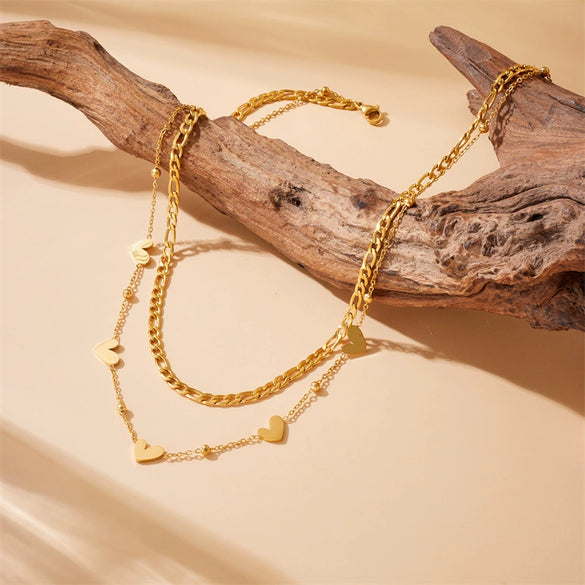 All Match Double Layer Stacked Love Necklace In Stainless Steel With Heart Shaped Pattern And Gold Plated Chain For Women
