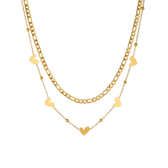 All Match Double Layer Stacked Love Necklace In Stainless Steel With Heart Shaped Pattern And Gold Plated Chain For Women