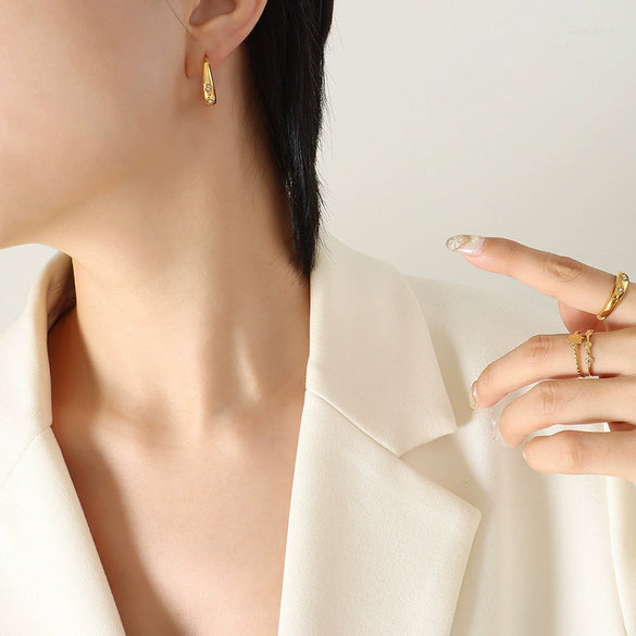 All Match Non Fading Light Luxury Inlaid Zircon C Shaped Titanium Steel Gold Plated Earrings For Women