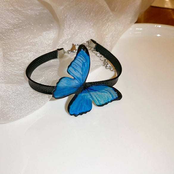 All Match Princess Style Sweet Literary Jewelry Suit With Gradient Blue Butterfly Pattern Alloy Ear Hook Bracelet And Necklace Dripping Oil Treatment