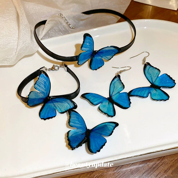 All Match Princess Style Sweet Literary Jewelry Suit With Gradient Blue Butterfly Pattern Alloy Ear Hook Bracelet And Necklace Dripping Oil Treatment