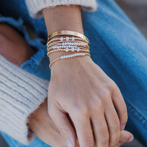 Allmatch Baroque Natural Freshwater Pearl Beaded Bracelet For Women Handwoven Copper Plastic Geometric Style