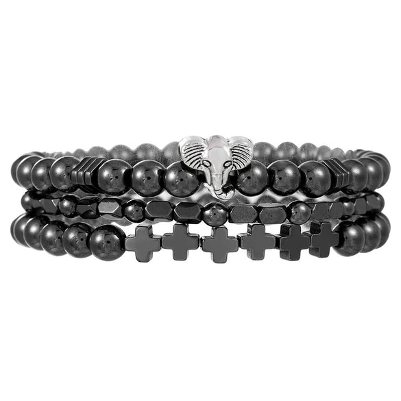 Allmatch Elephant Beaded Elastic Bracelet Black Gallstone Alloy Handmade Unisex Animal Zodiac Pattern