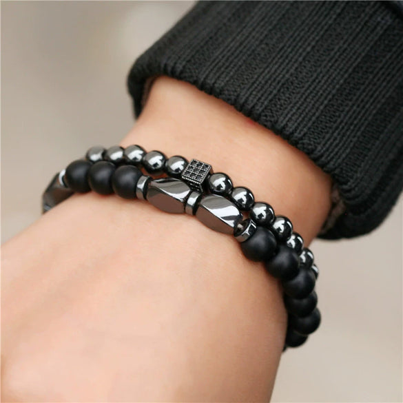 Allmatch Elephant Beaded Elastic Bracelet Black Gallstone Alloy Handmade Unisex Animal Zodiac Pattern