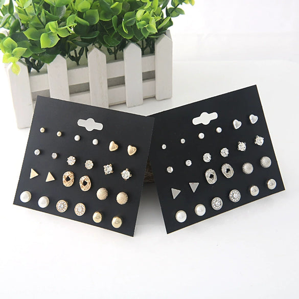 Allmatch Geometric Metal Pearl Love Diamond Zircon Earrings Set For Women With Electroplating