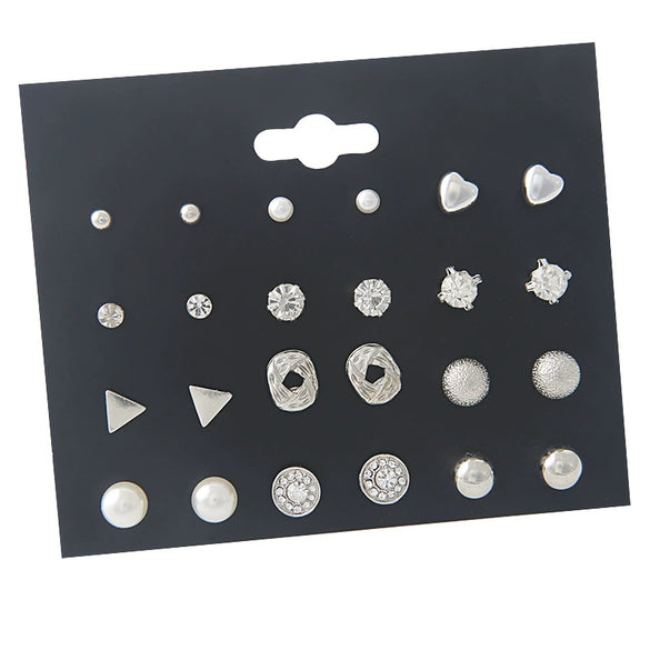 Allmatch Geometric Metal Pearl Love Diamond Zircon Earrings Set For Women With Electroplating