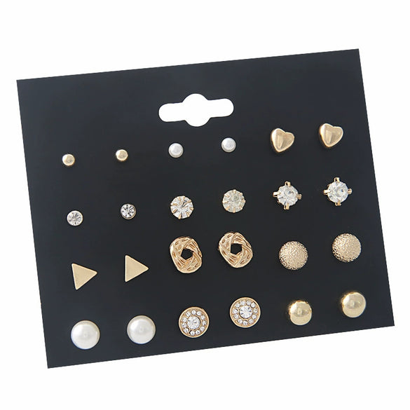 Allmatch Geometric Metal Pearl Love Diamond Zircon Earrings Set For Women With Electroplating