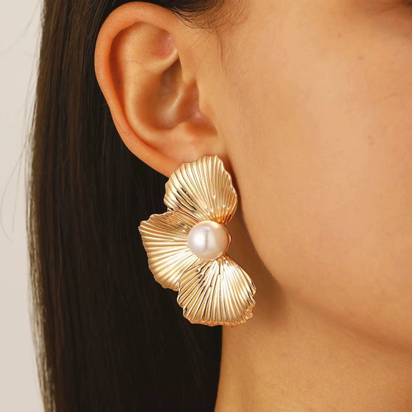 Allmatch Inlaid Pearl Flower Leaf Earrings For Women Alloy Electroplating Style Plants Flowers