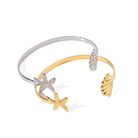 Allmatch Marine Elements Starfish Scallop Opening Adjustable Fashion Stainless Steel Bracelet With 18K Furnace Vacuum Plating