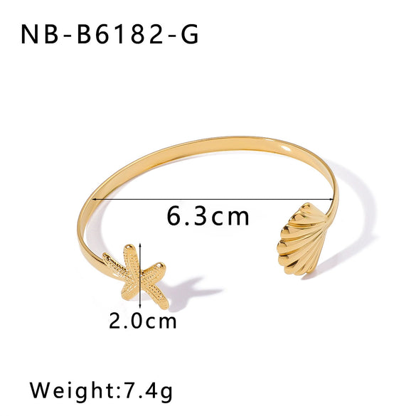 Allmatch Marine Elements Starfish Scallop Opening Adjustable Fashion Stainless Steel Bracelet With 18K Furnace Vacuum Plating