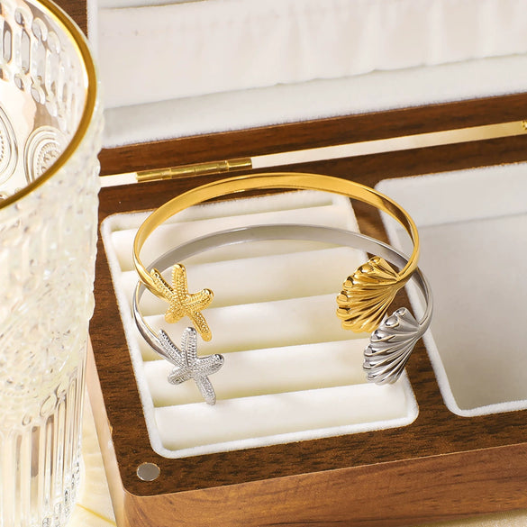 Allmatch Marine Elements Starfish Scallop Opening Adjustable Fashion Stainless Steel Bracelet With 18K Furnace Vacuum Plating