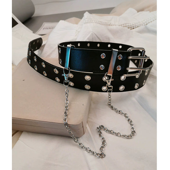 Allmatch Metal Chain Belt With Doublerow Air Eye Rivets Imitation Leather Hiphop Style