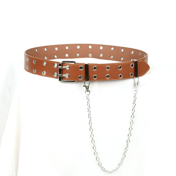 Allmatch Metal Chain Belt With Doublerow Air Eye Rivets Imitation Leather Hiphop Style