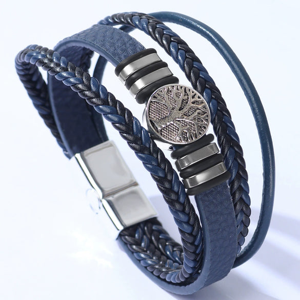 Allmatch Multilayer Woven Alloy And Pu Leather Bracelet With Geometric Pattern And Electroplating Treatment