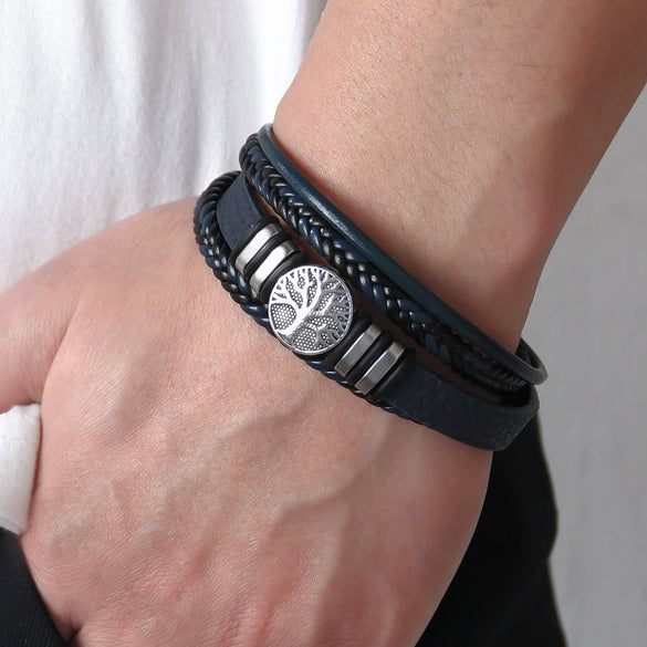 Allmatch Multilayer Woven Alloy And Pu Leather Bracelet With Geometric Pattern And Electroplating Treatment